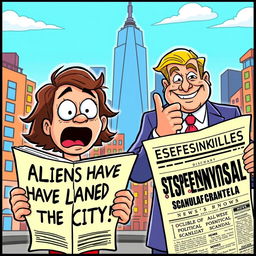 A colorful and engaging cartoon scene featuring two characters: one person with an astonished expression reading a headline that states, 'Aliens Have Landed in the City!' and another individual glancing at a sensational headline about a significant political scandal, showing intrigue