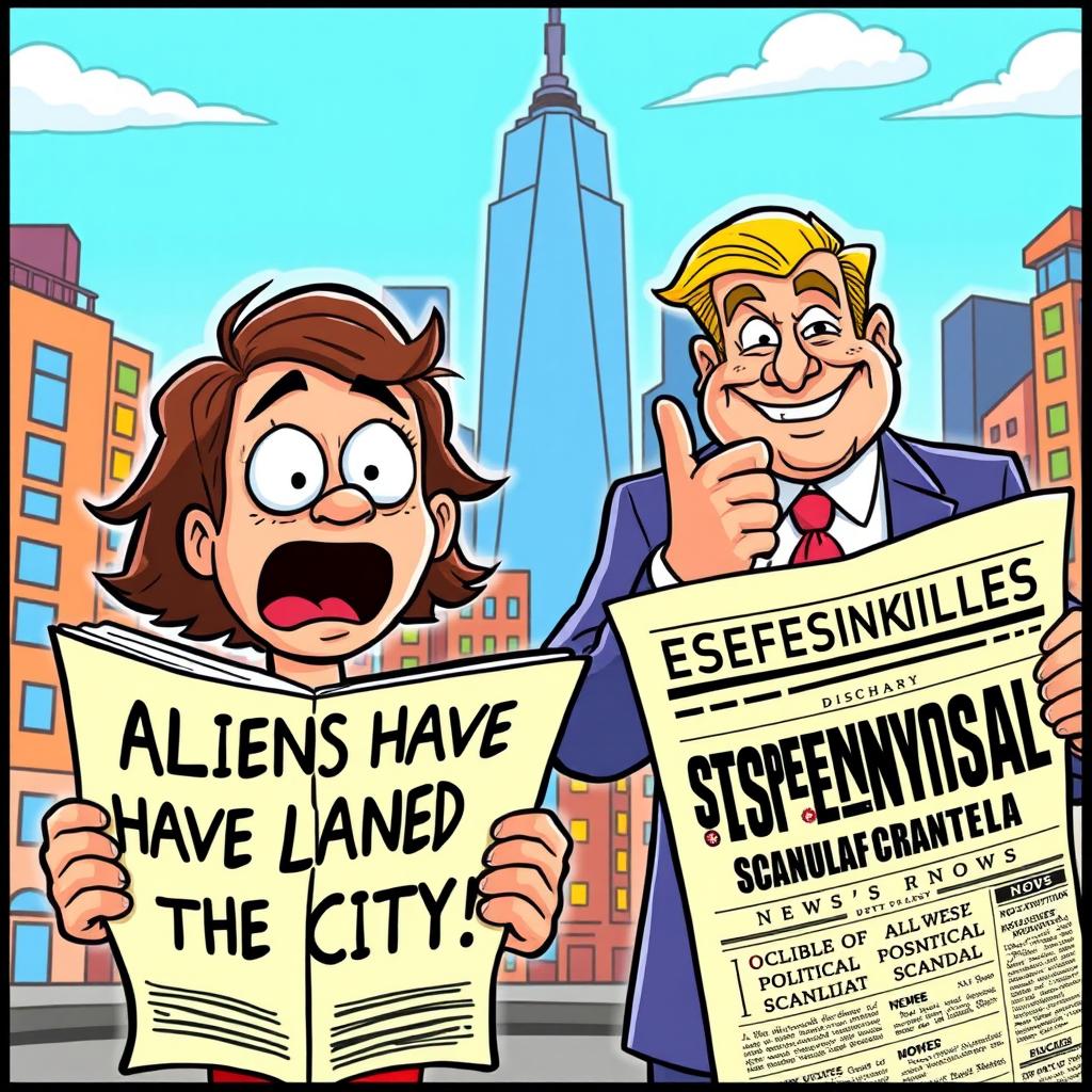 A colorful and engaging cartoon scene featuring two characters: one person with an astonished expression reading a headline that states, 'Aliens Have Landed in the City!' and another individual glancing at a sensational headline about a significant political scandal, showing intrigue