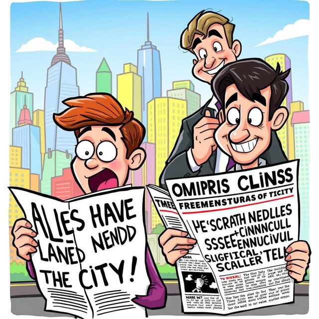 A colorful and engaging cartoon scene featuring two characters: one person with an astonished expression reading a headline that states, 'Aliens Have Landed in the City!' and another individual glancing at a sensational headline about a significant political scandal, showing intrigue