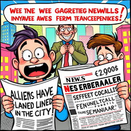 A colorful and engaging cartoon scene featuring two characters: one person with an astonished expression reading a headline that states, 'Aliens Have Landed in the City!' and another individual glancing at a sensational headline about a significant political scandal, showing intrigue