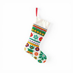 A minimalistic style Christmas stocking, featuring a colorful design with vibrant patterns and shapes