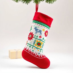 A minimalistic style Christmas stocking, featuring a colorful design with vibrant patterns and shapes