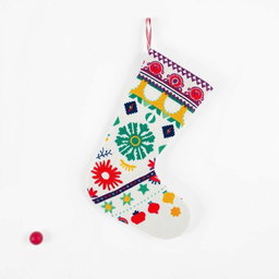 A minimalistic style Christmas stocking, featuring a colorful design with vibrant patterns and shapes