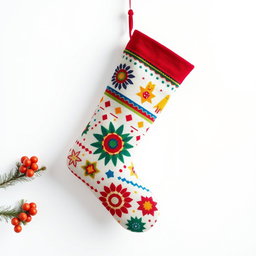A minimalistic style Christmas stocking, featuring a colorful design with vibrant patterns and shapes