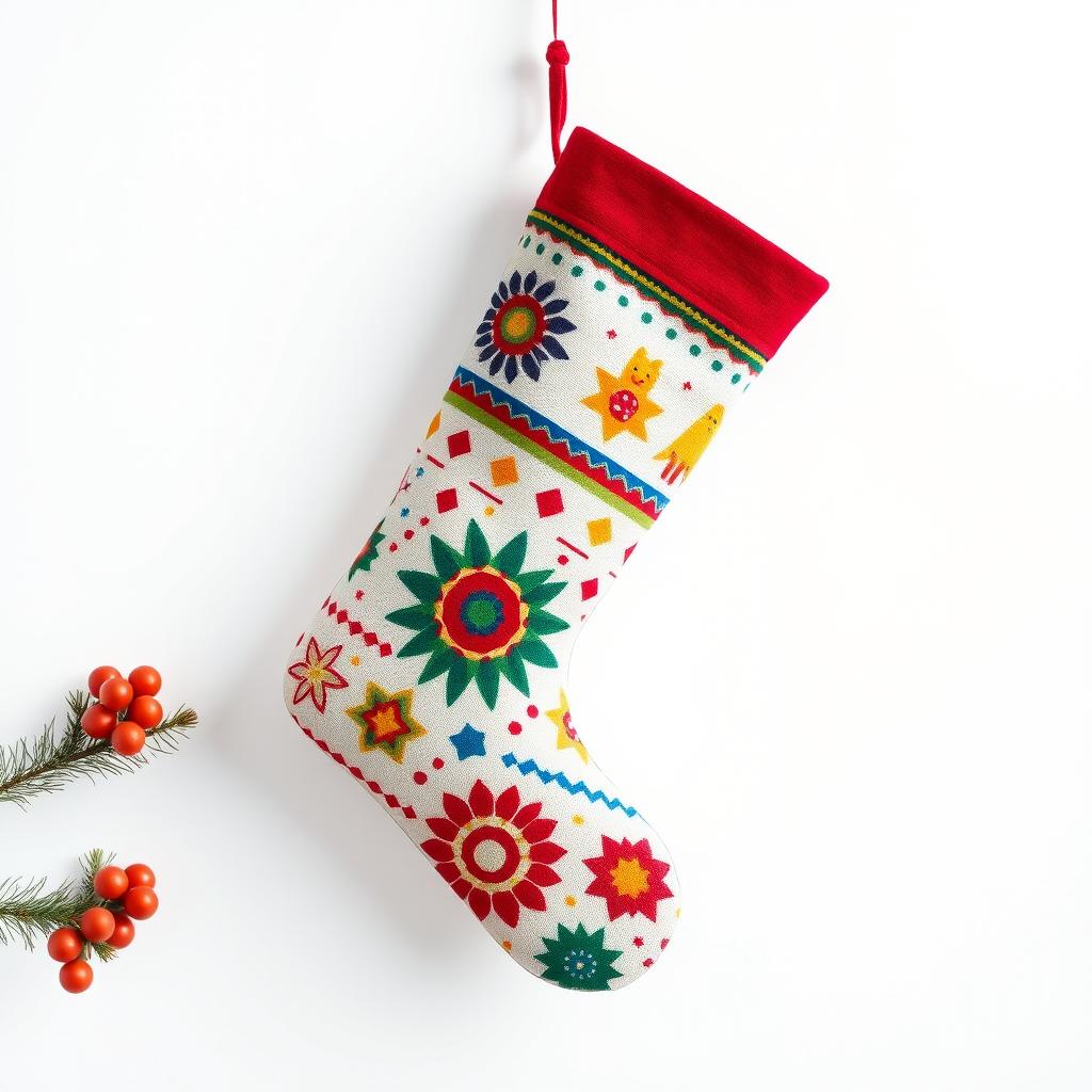 A minimalistic style Christmas stocking, featuring a colorful design with vibrant patterns and shapes