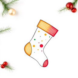 A minimalistic style drawing of a colorful Christmas stocking on a clean white background