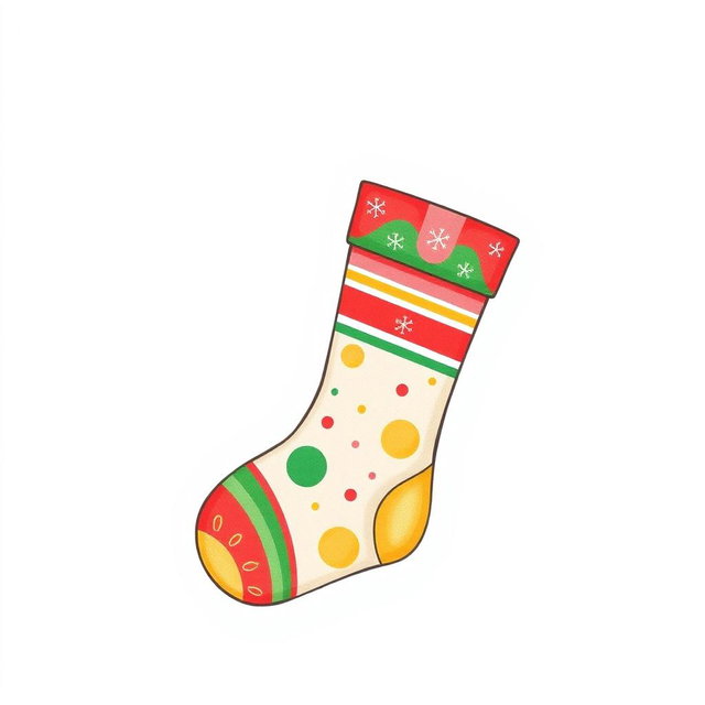 A minimalistic style drawing of a colorful Christmas stocking on a clean white background