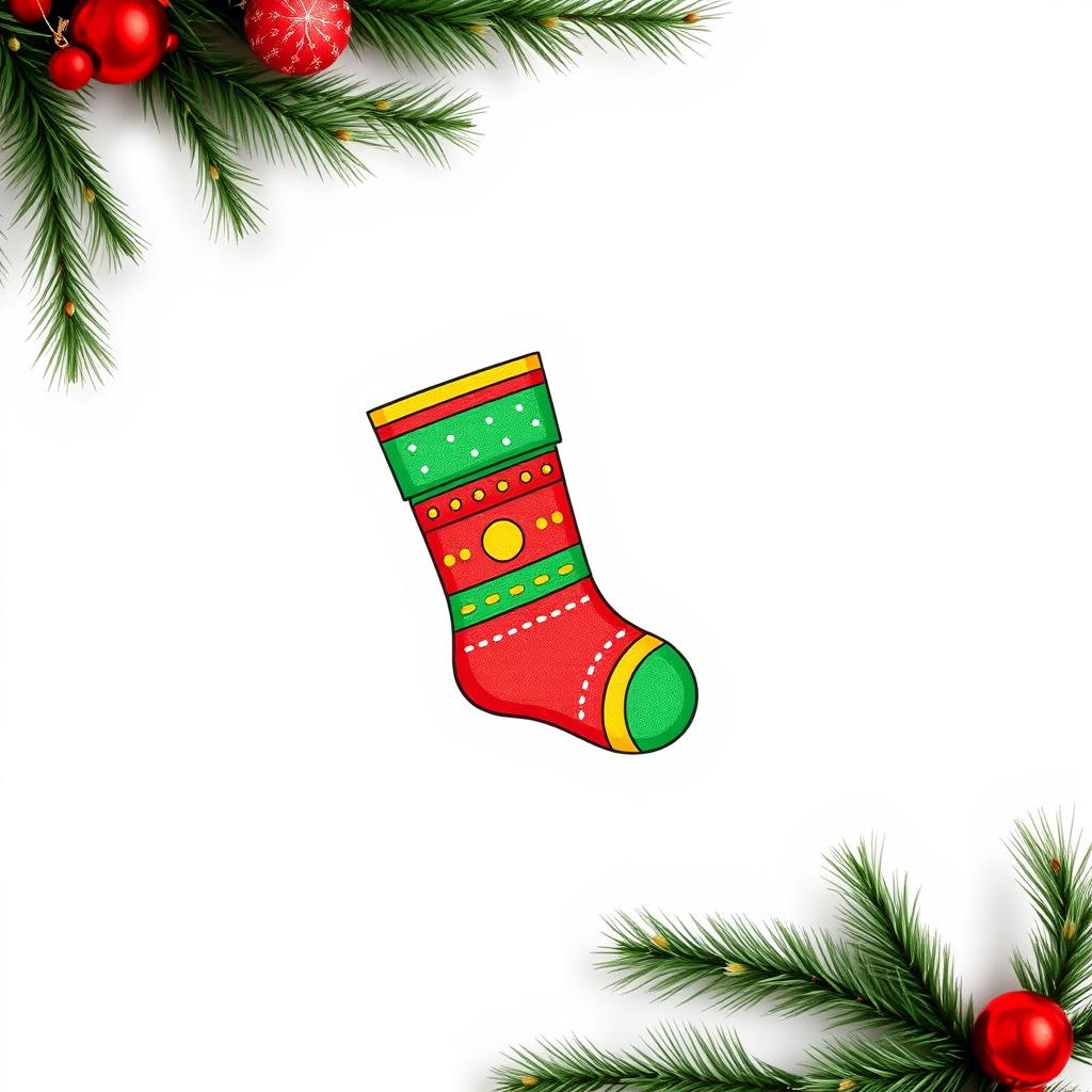 A minimalistic style drawing of a colorful Christmas stocking on a clean white background