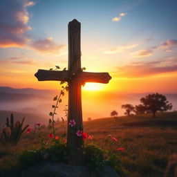 A beautifully detailed cross surrounded by a serene and mystical landscape