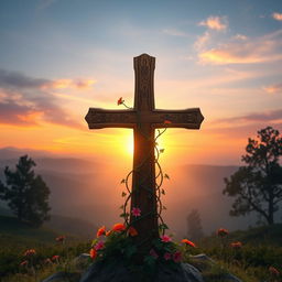 A beautifully detailed cross surrounded by a serene and mystical landscape