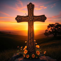 A beautifully detailed cross surrounded by a serene and mystical landscape