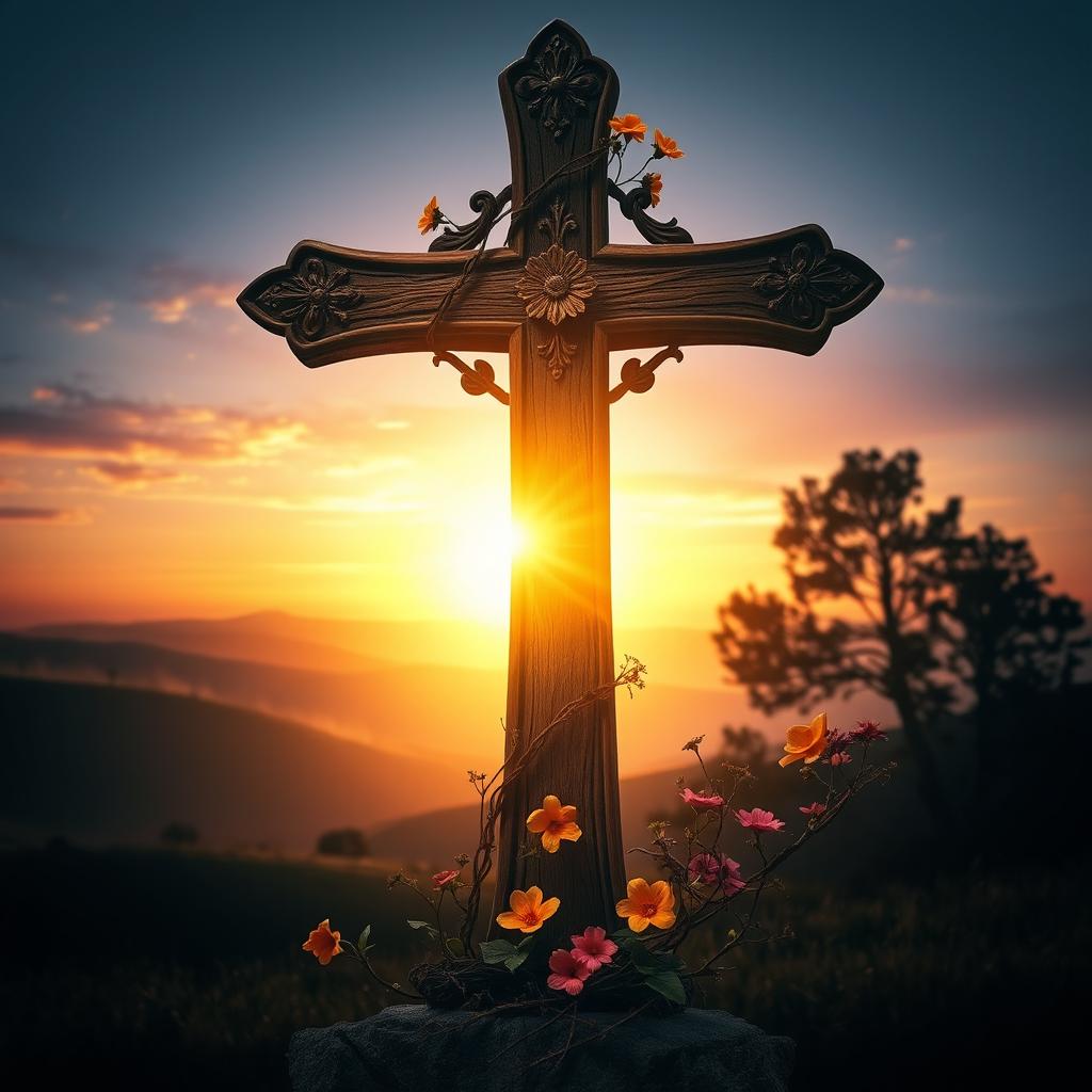 A beautifully detailed cross surrounded by a serene and mystical landscape