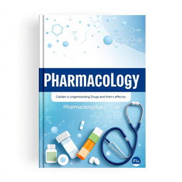 A captivating book cover design for a pharmacology textbook, featuring a modern and clean layout