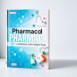 A captivating book cover design for a pharmacology textbook, featuring a modern and clean layout