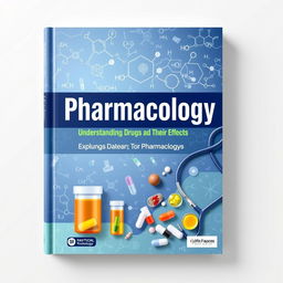A captivating book cover design for a pharmacology textbook, featuring a modern and clean layout