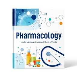 A captivating book cover design for a pharmacology textbook, featuring a modern and clean layout