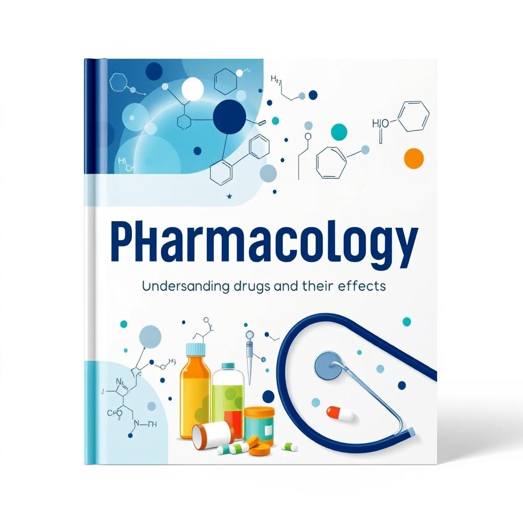 A captivating book cover design for a pharmacology textbook, featuring a modern and clean layout