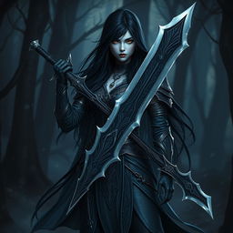 A powerful female Shadar-Kai Hexblade warrior, standing confidently in a dark, mystical forest