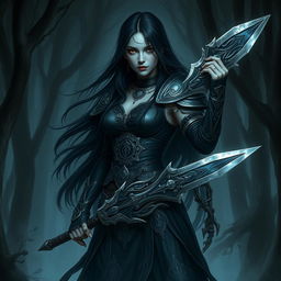 A powerful female Shadar-Kai Hexblade warrior, standing confidently in a dark, mystical forest