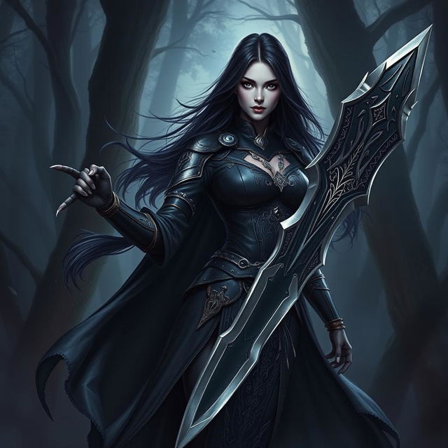 A powerful female Shadar-Kai Hexblade warrior, standing confidently in a dark, mystical forest