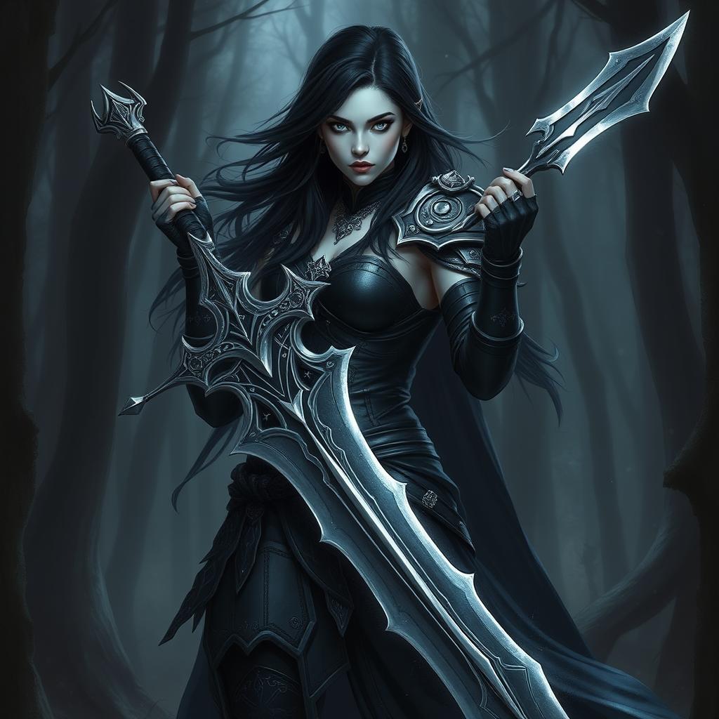 A powerful female Shadar-Kai Hexblade warrior, standing confidently in a dark, mystical forest