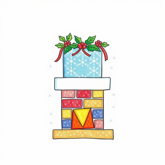 A minimalistic style drawing of a colorful Christmas chimney, featuring simple geometric shapes and a vibrant color palette set against a clean white background