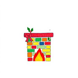 A minimalistic style drawing of a colorful Christmas chimney, featuring simple geometric shapes and a vibrant color palette set against a clean white background