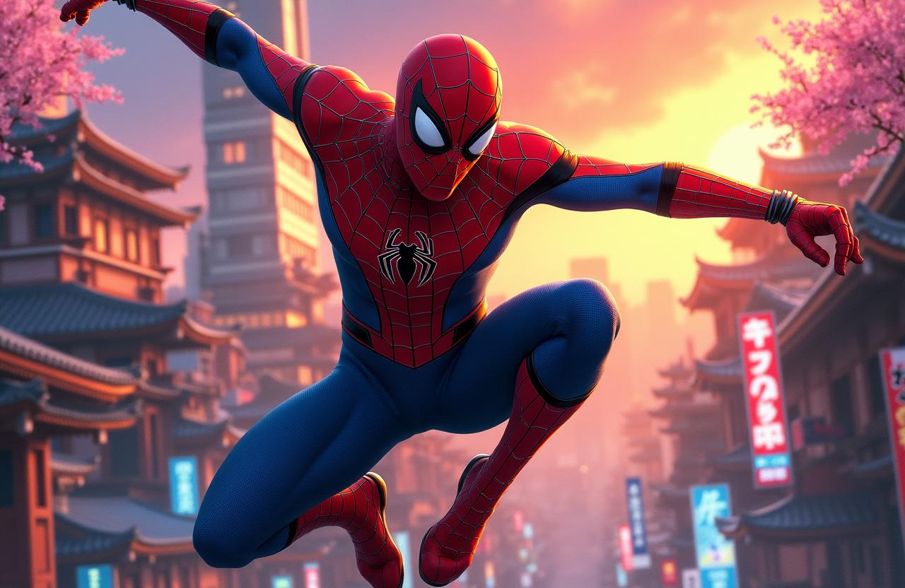 A striking depiction of Japanese Spider-Man, showcasing his unique costume which incorporates a traditional Japanese design with vibrant red and blue colors, the characteristic web pattern, a bold spider emblem on his chest, and a ninja-inspired mask