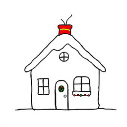A minimalistic style drawing of a Christmas house with a colorful chimney, showcasing a cozy, festive vibe