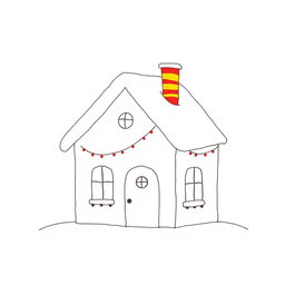 A minimalistic style drawing of a Christmas house with a colorful chimney, showcasing a cozy, festive vibe