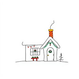A minimalistic style drawing of a Christmas house with a colorful chimney, showcasing a cozy, festive vibe