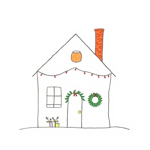 A minimalistic style drawing of a Christmas house with a colorful chimney, showcasing a cozy, festive vibe
