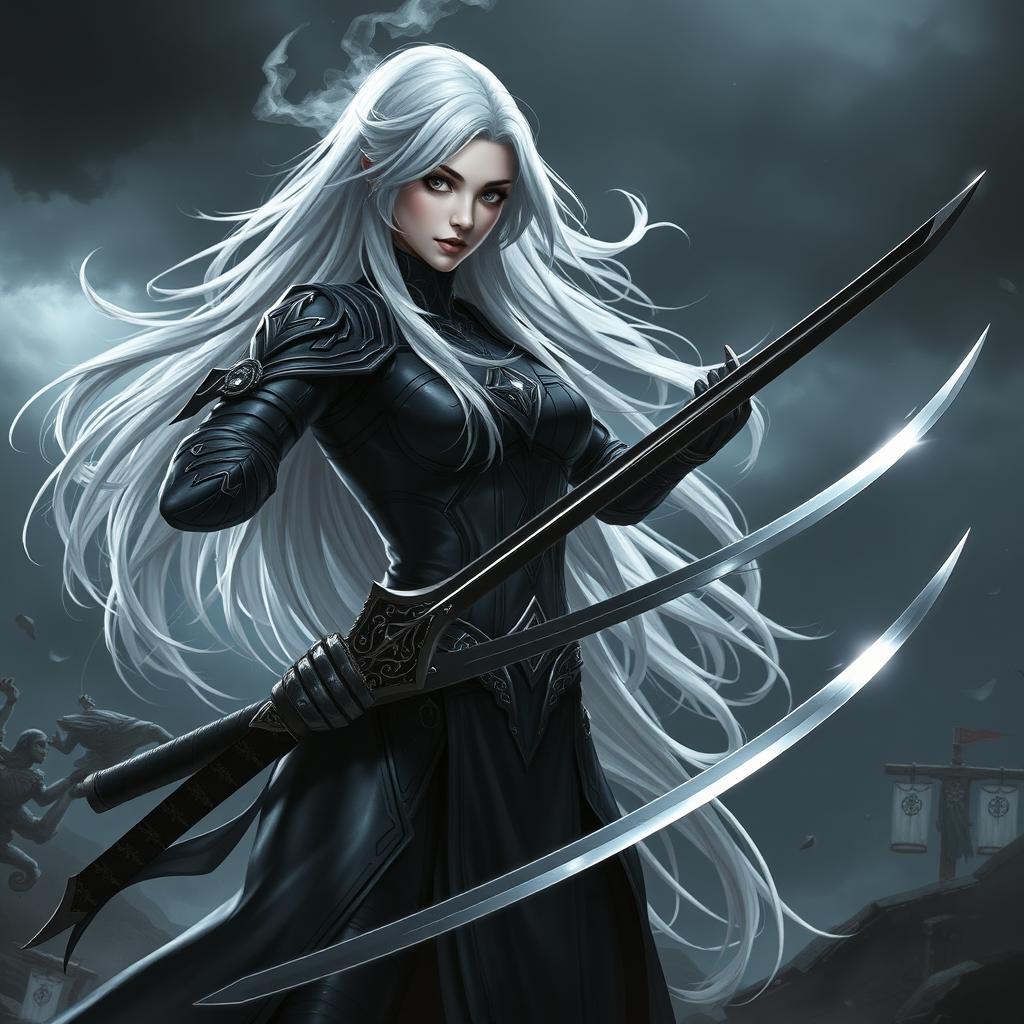 A powerful female Shadar-Kai Hexblade warrior with long, flowing white hair, showcasing an intricate and darkly elegant appearance