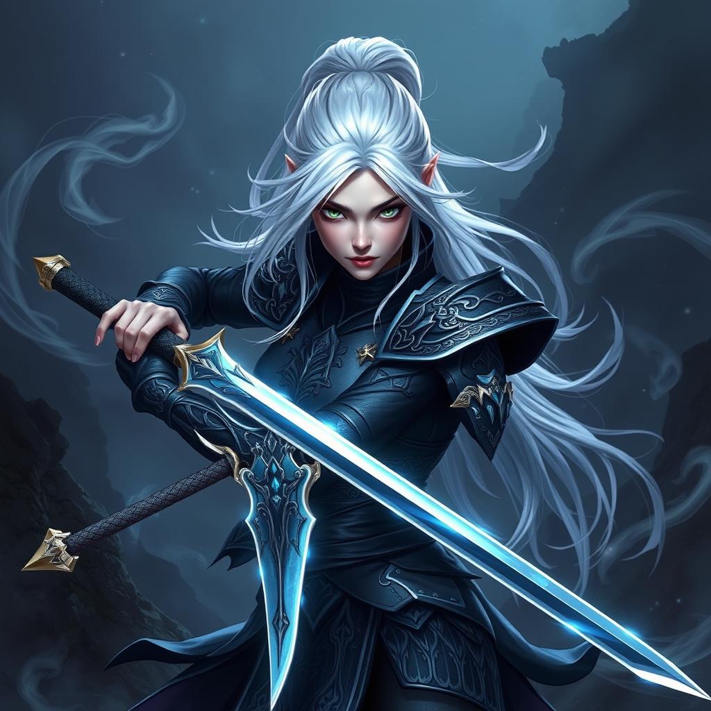 A female Shadar-Kai Hexblade warrior with striking white hair, showcasing her fierce and determined expression