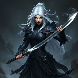 A female Shadar-Kai Hexblade warrior with striking white hair, showcasing her fierce and determined expression