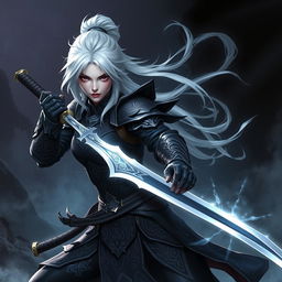 A female Shadar-Kai Hexblade warrior with striking white hair, showcasing her fierce and determined expression