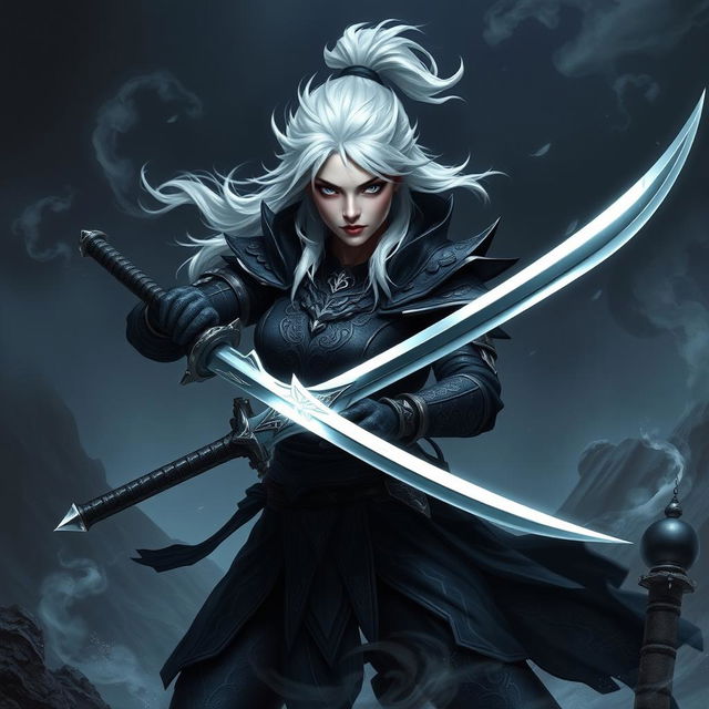 A female Shadar-Kai Hexblade warrior with striking white hair, showcasing her fierce and determined expression