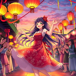 An anime girl joyfully dancing within a colorful festival scene, wearing a traditional Filipino 'baro't saya' with intricate floral patterns
