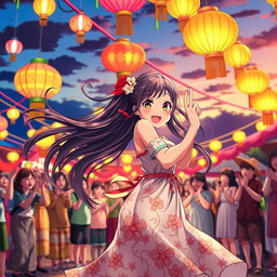 An anime girl joyfully dancing within a colorful festival scene, wearing a traditional Filipino 'baro't saya' with intricate floral patterns