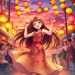 An anime girl joyfully dancing within a colorful festival scene, wearing a traditional Filipino 'baro't saya' with intricate floral patterns