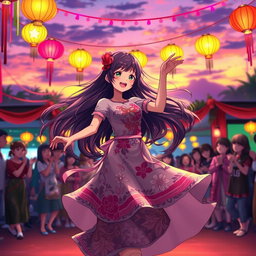 An anime girl joyfully dancing within a colorful festival scene, wearing a traditional Filipino 'baro't saya' with intricate floral patterns