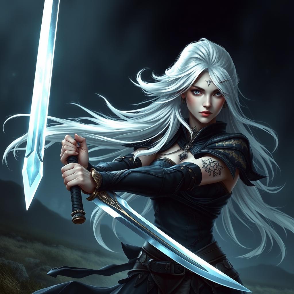 A female Shadar-Kai Hexblade Warrior, with striking white hair flowing dramatically, wielding a beautifully crafted katana