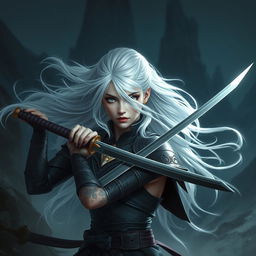 A female Shadar-Kai Hexblade Warrior, with striking white hair flowing dramatically, wielding a beautifully crafted katana