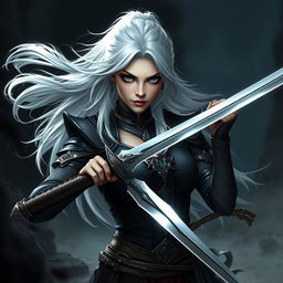 A female Shadar-Kai Hexblade Warrior, with striking white hair flowing dramatically, wielding a beautifully crafted katana