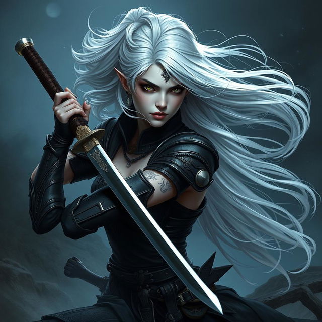 A female Shadar-Kai Hexblade Warrior, with striking white hair flowing dramatically, wielding a beautifully crafted katana