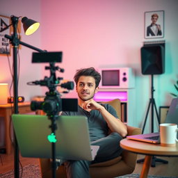 A 20-year-old man sitting comfortably in a chair, focused on creating a video
