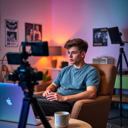 A 20-year-old man sitting comfortably in a chair, focused on creating a video