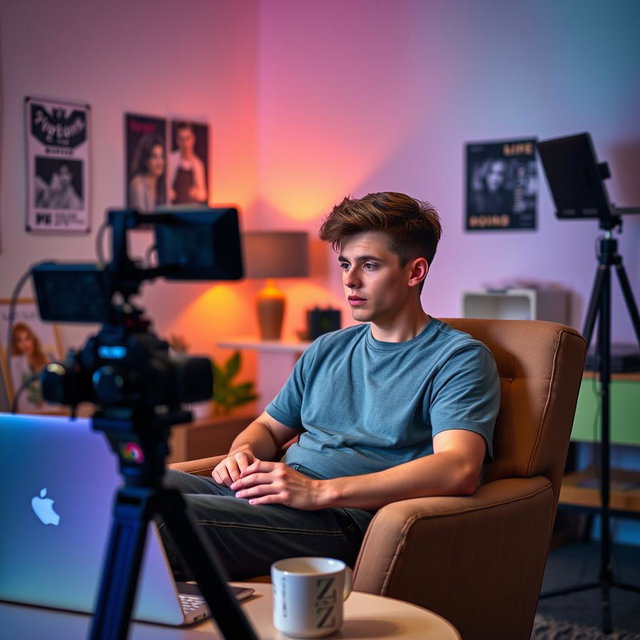 A 20-year-old man sitting comfortably in a chair, focused on creating a video