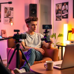 A 20-year-old man sitting comfortably in a chair, focused on creating a video