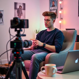 A 20-year-old man sitting comfortably in a chair, focused on creating a video